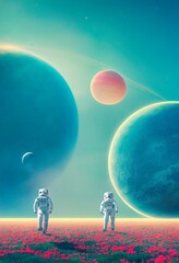 Wall Mural - astronauts in a spacesuit walks around an alien planet and explores its surface. the concept of spac