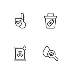 Sticker - Set line Drop and magnifying glass, Radioactive waste barrel, Thermometer and Trash can icon. Vector