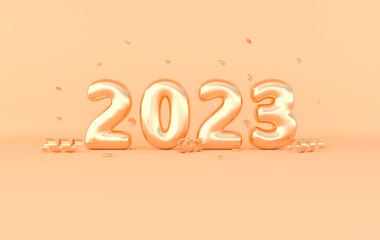 Wall Mural - 2023 Happy New Year numerals. Golden digits and confetti for xmas celebration. Golden 2023 on white background, 3d rendering