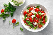 Salad With Tomato, Italian Ricotta Cheese And Basil, Top View