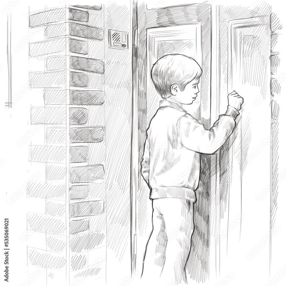 boy knocking on the door Charcoal Drawing Pencil Drawing Engraving