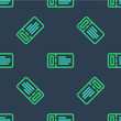 © Kostiantyn - Line Cruise ticket for traveling by ship icon isolated seamless pattern on blue background. Travel by Cruise liner. Cruises to Paradise. Vector