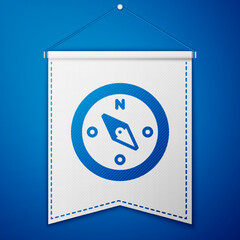 Poster - Blue Compass icon isolated on blue background. Windrose navigation symbol. Wind rose sign. White pennant template. Vector