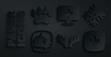 Sticker - Set Deer antlers, Snowflake, Canada map, Canadian maple leaf, and Bear paw footprint icon. Vector