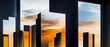 © Olena Panasovska - background abstract organic lines sunset in the city, silhouettes of the glass skyscrapers mirror the early morning sky as the sun rises, Generative AI