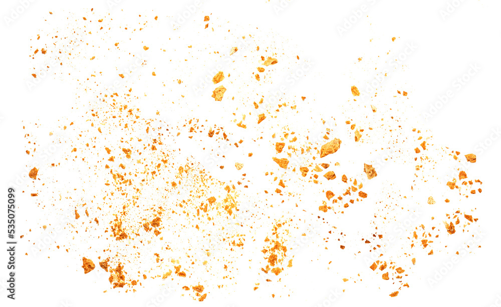 Bread crumbs macro isolated on white background. Splash of crumbs Top view. Flat lay..