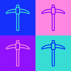 Sticker - Pop art line Pickaxe icon isolated on color background. Vector