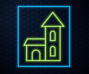 Sticker - Glowing neon line Church building icon isolated on brick wall background. Christian Church. Religion of church. Vector