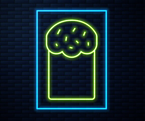 Wall Mural - Glowing neon line Easter cake icon isolated on brick wall background. Happy Easter. Vector