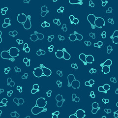 Wall Mural - Green line Stethoscope medical instrument icon isolated seamless pattern on blue background. Vector