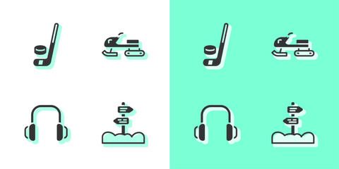 Poster - Set Road traffic signpost, Ice hockey stick and puck, Winter headphones and Snowmobile icon. Vector