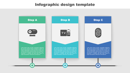 Sticker - Set Web camera, Multimedia and TV box receiver and Fingerprint. Business infographic template. Vector