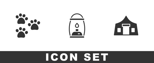 Sticker - Set Paw print, Camping lantern and Tourist tent icon. Vector