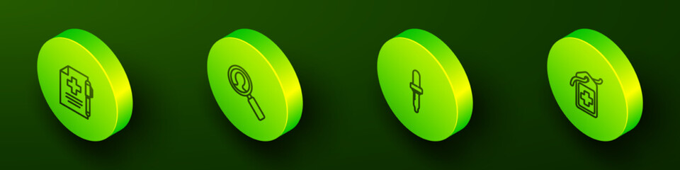 Sticker - Set Isometric line Medical prescription and pen, analysis, Pipette and Cross hospital medical tag icon. Vector