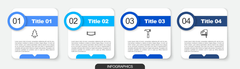 Sticker - Set line Christmas tree, Two-handed saw, Hammer and Electric jigsaw. Business infographic template. Vector