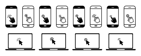 Click computer mouse on screen laptop and hand touch on screen smartphone. Cursor and laptop. Finger touch in phone. Vector icons set.