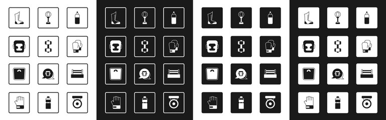 Set Punching bag, Dumbbell, Boxing helmet, Sport boxing shoes, glove, ring and Bathroom scales icon. Vector