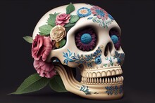 Calavera (Sugar Skull) For Dia De Los Muertos (Day Of The Dead) Intricate And Ornate Style With Flowers And Skulls Incorporated Into A Gorgeous Design. 3D Computer-generated Image With Photorealism