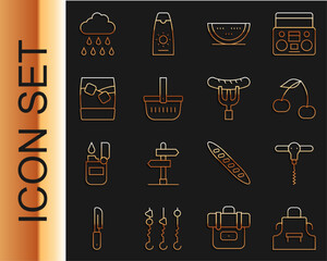 Wall Mural - Set line Kitchen apron, Wine corkscrew, Cherry, Watermelon, Picnic basket, Glass of whiskey with ice, Cloud rain and Sausage the fork icon. Vector