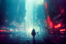 Cyberpunk Facing A Dystopian City. Digital Illustration Sci Fi Cityscape.