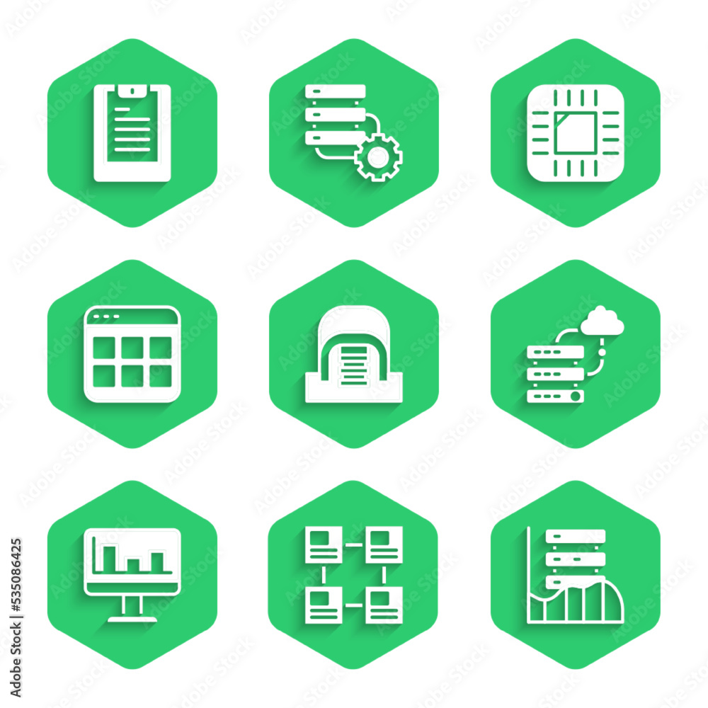 Set Hangar with servers, Hierarchy organogram chart, Server, Data, Web Hosting, Network cloud connection, Monitor graph, Browser files, Processor CPU and report icon. Vector