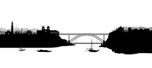 Portugal city Porto panoramic tourist skyline view. Portuguese cityscape with famous bridge thour Douro river