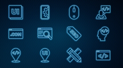 Set line Front end development, Computer mouse, UI or UX design, SEO optimization and Web icon. Vector