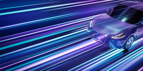 Wall Mural - futuristic generic cyber car racing on highway, abstract high speed driving timelapse sport sedan li
