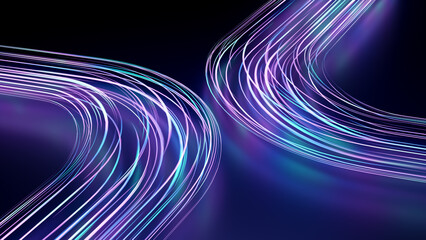 Wall Mural - Futuristic vibrant blue purple color speed light, abstract timelapse highspeed car light trail motion effects at night 3d rendering, dynamic neon curve