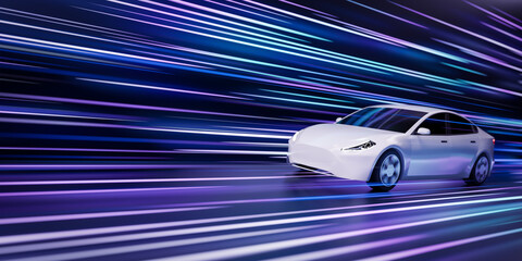 Wall Mural - futuristic generic cyber car racing on highway, abstract high speed driving timelapse sport sedan li