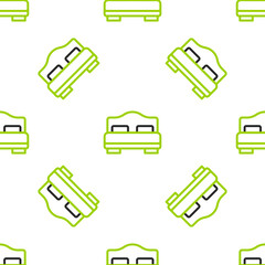 Line Hotel room bed icon isolated seamless pattern on white background. Vector