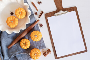 Wall Mural - Fall pie baking ingredients with pumpkins and seasonal spices and tools. Pumpkin pie recipe idea. Thanksgiving and autumn holidays celebration concept. Top view, flatlay