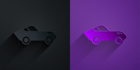 Wall Mural - Paper cut Car icon isolated on black on purple background. Paper art style. Vector