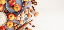 Fall Pie Baking Ingredients With Pumpkins, Apples, Pears, Nuts, Seasonal Spices And Tools. Cooking Pumpkin Or Apple Pie. Thanksgiving And Autumn Holidays Celebration Concept