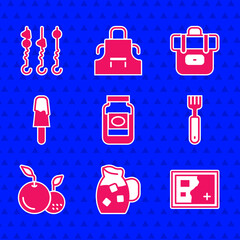 Sticker - Set Jam jar, Jug glass with water, Folded map, Fork, Fruit, Ice cream, Hiking backpack and Grilled shish kebab on skewer icon. Vector