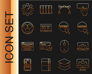 Set line Web development, UI or UX design, Bezier curve, RGB and CMYK color mixing, Website statistic and graphic icon. Vector