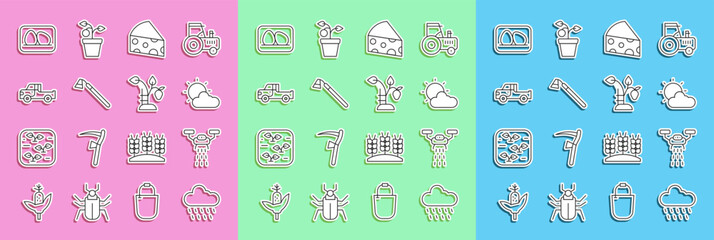 Wall Mural - Set line Cloud with rain, Smart farm drone, Sun and cloud weather, Cheese, Garden hoe, Pickup truck, Chicken egg and Strawberry bush icon. Vector