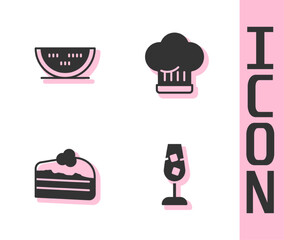 Sticker - Set Wine glass, Watermelon, Piece of cake and Chef hat icon. Vector