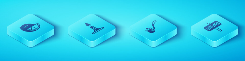 Wall Mural - Set Isometric Lemon, Burning candle, Sauna and ladle icon. Vector