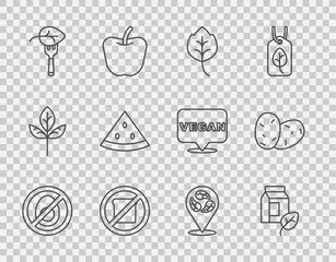 Set line No meat, Vegan milk, Leaf or leaves, Gluten free grain, food diet, Watermelon, and Potato icon. Vector