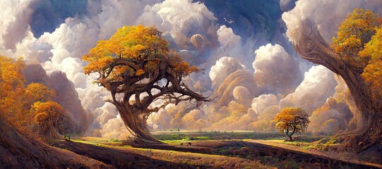 Last remaining remnants of an ancient enchanted forest, surreal dreamscape of majestic cut down oak tree mystical woodland. Barren landscape and otherworldly dust clouds. Orange autumn colors.