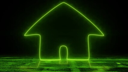 Wall Mural - Neon Light House Green icon Flashing Animation on Dark Background. Animated Electric Big Home Symbol with  Fluorescent Lights in Reflection Grunge Floor. Real Estate and Housing Concept. 