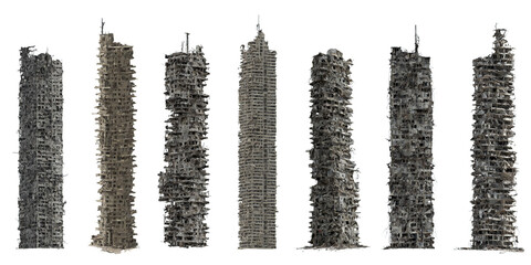 Wall Mural - set of ruined skyscrapers, tall post-apocalyptic buildings isolated on white background