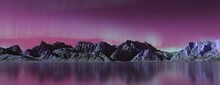 Rocky Mountains With Aurora Sky. Magenta Sky Background With Copy-space.