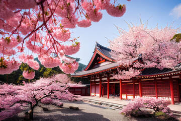 beautiful japan temple in blossoming sakura garden, pink cherry trees, nature background wallpaper