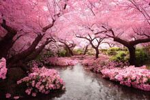 Beautiful Cherry Blossom Sakura Garden, Spring Nature Background Wallpaper
