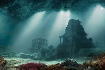 Sticker - ancient underwater city, ocean scene, atlantis , fantasy background wallpaper