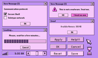 Cute retro vaporwave style collage of user interface elements. Pixelated Y2K window boxes, tabs, buttons.