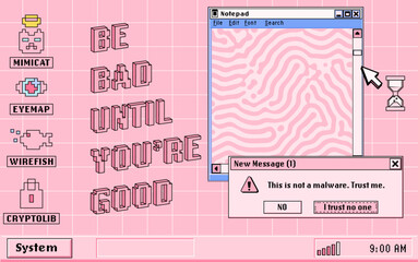 PC desktop with start menu, window boxes and icons in retro Y2K or 2000's style. Collage of UI and UX design elements in pastel pink colors.