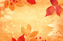 Autumn Or Fall Leaves In Floral Watercolor Background For Thanksgiving Or Fall Designs, Orange Red And Peach Colors, Abstract Outlines Of Leaves And Ivy Vine On Border Of Orange Background